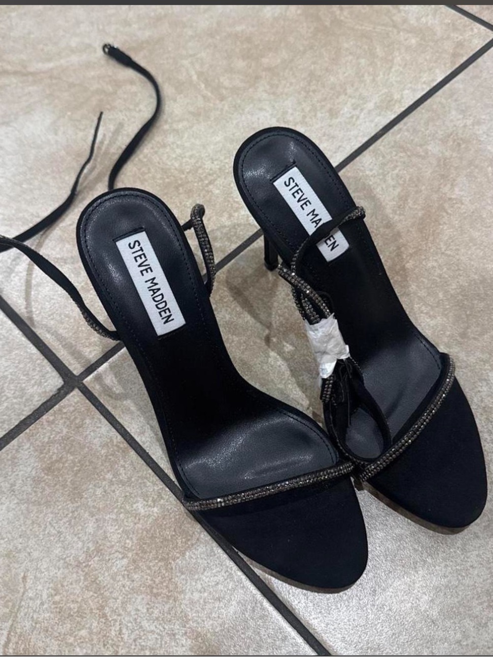 Steve Madden Black Rhinestone Lace-Up Stiletto Sandals
